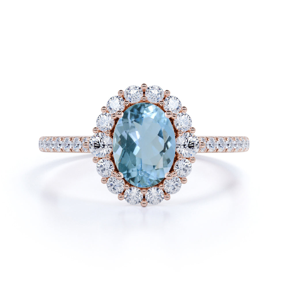 Halo 1.50 ct Oval Aquamarine Pave Engagement Ring