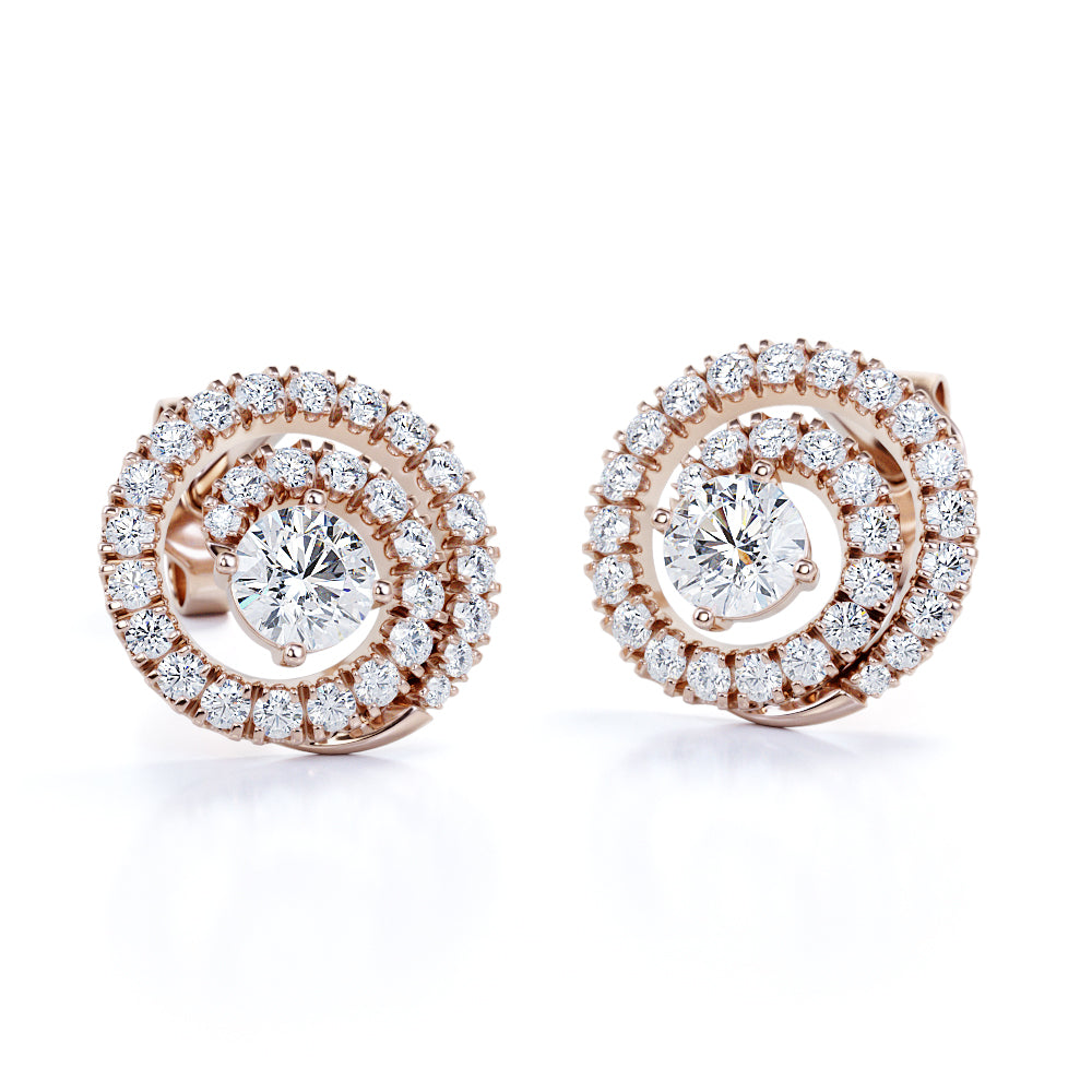 Circle Scallop Setting 1.25 Carat Round Certified Moissanite and Diamond Claw Set Stud Earrings in Black Gold