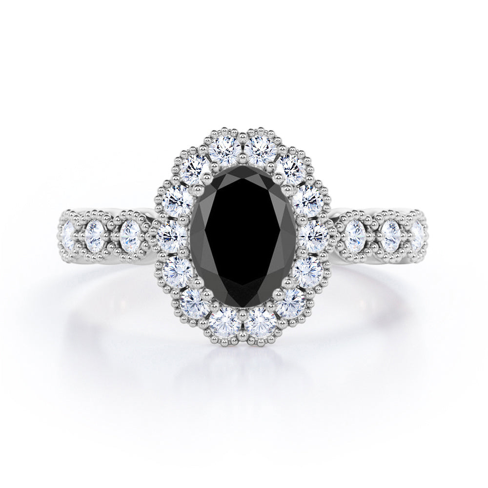 Vintage Floral Halo 0.7 carat Oval and Round Black Diamond Engagement Ring in Rose Gold