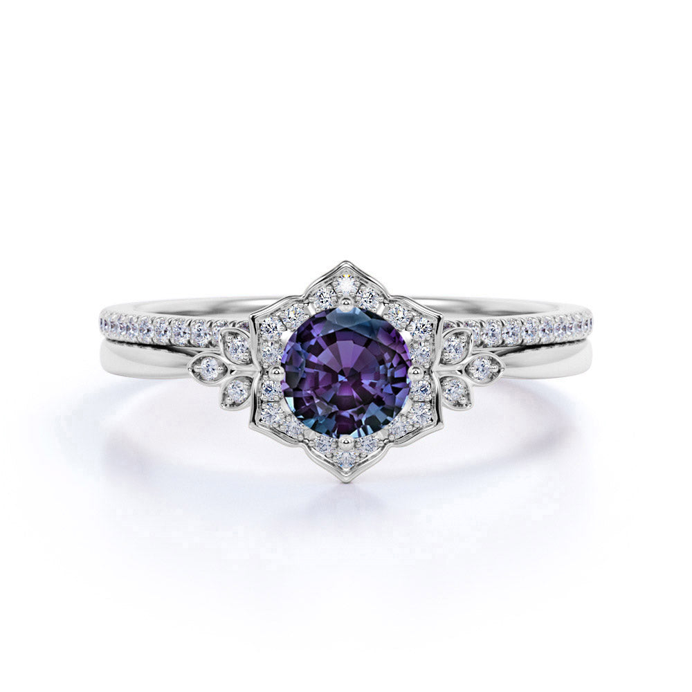 Tapered Floral Design 1.50 Carat Round Cut Lab Made Alexandrite and Diamond Cluster Pave Wedding Ring Sets for Her