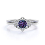 Tapered Floral Design 1.50 Carat Round Cut Lab Made Alexandrite and Diamond Cluster Pave Wedding Ring Sets for Her