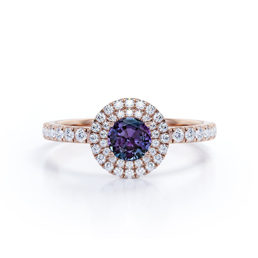 Affordable 1.45 Carat Round Cut Lab Created Alexandrite Double Halo Engagement Ring In White Gold For Her
