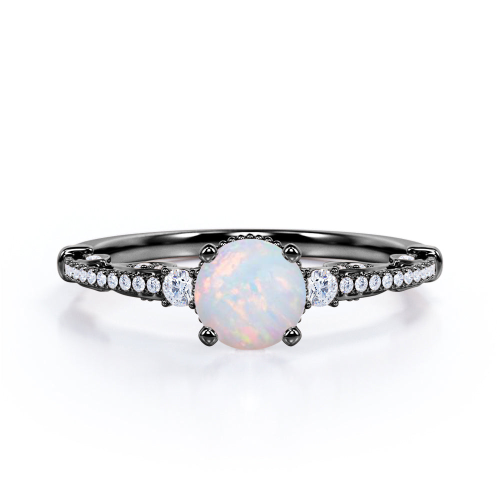 Delicate Micro Pave Set 1.35 Carat Round Cut Fiery Opal And Diamond Art Deco Style Engagement Ring In White Gold