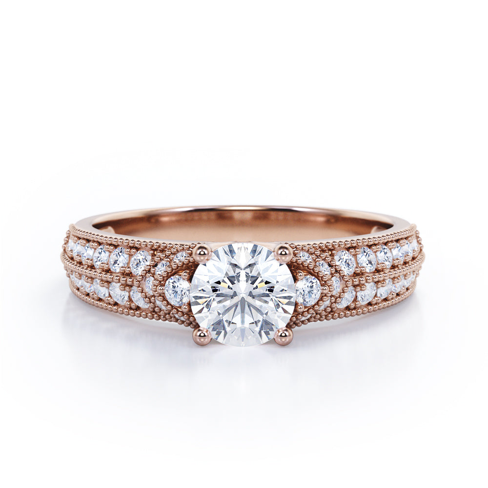 Antique 4 Prong 1.50 Carat Round Cut Moissanite And Diamond Vintage Milgrain Layered Engagement Ring In White Gold