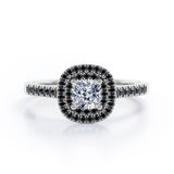 Double Halo Style - 1.45 TCW Princess Cut Moissanite with Lab Created Black Diamond - Scalloped Pave Engagement Ring in Yellow Gold