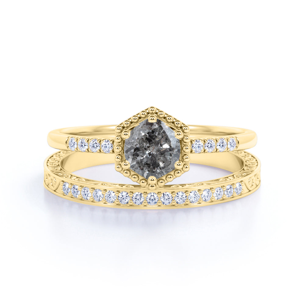Hexagon Design 0.95 Carat Round Cut Icy Black Grey Salt and Pepper Diamond Bezel Pave Bridal Set Rings