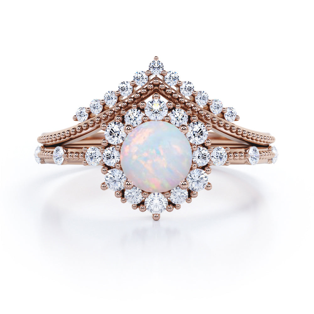 Vintage 1.40 Ct Round Cut Lab Created Opal Bridal Set