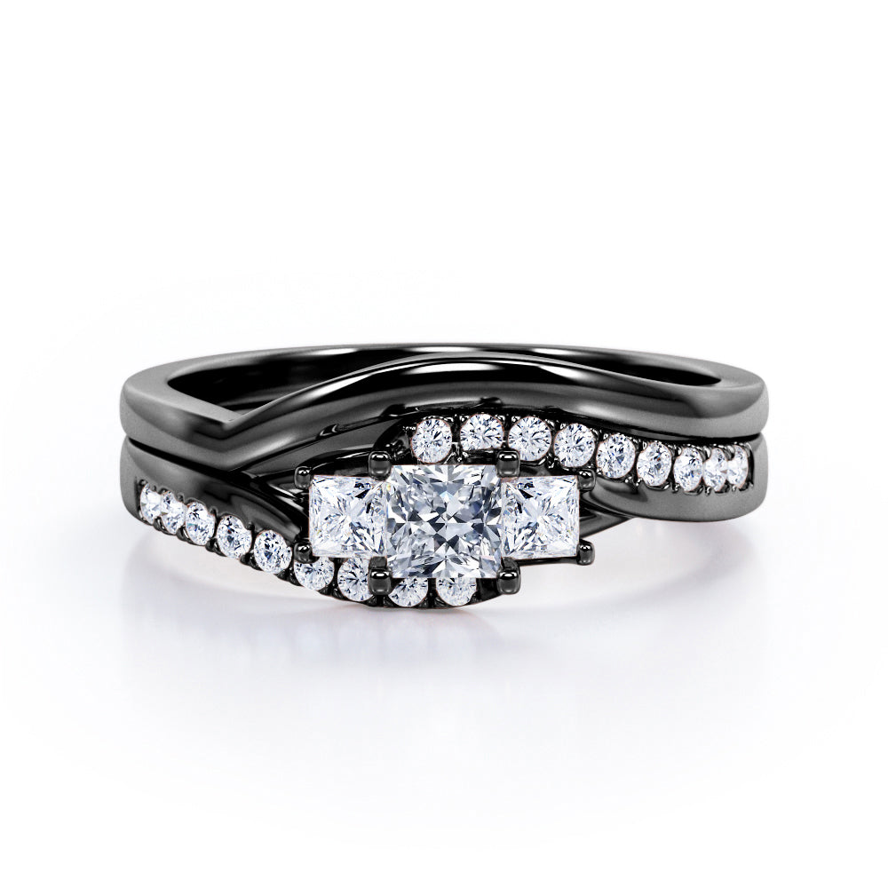 3 Stone Tension - 0.5 TCW Princess Cut Diamond - Flush Pave Curved Shank Wedding Set - 10K White Gold