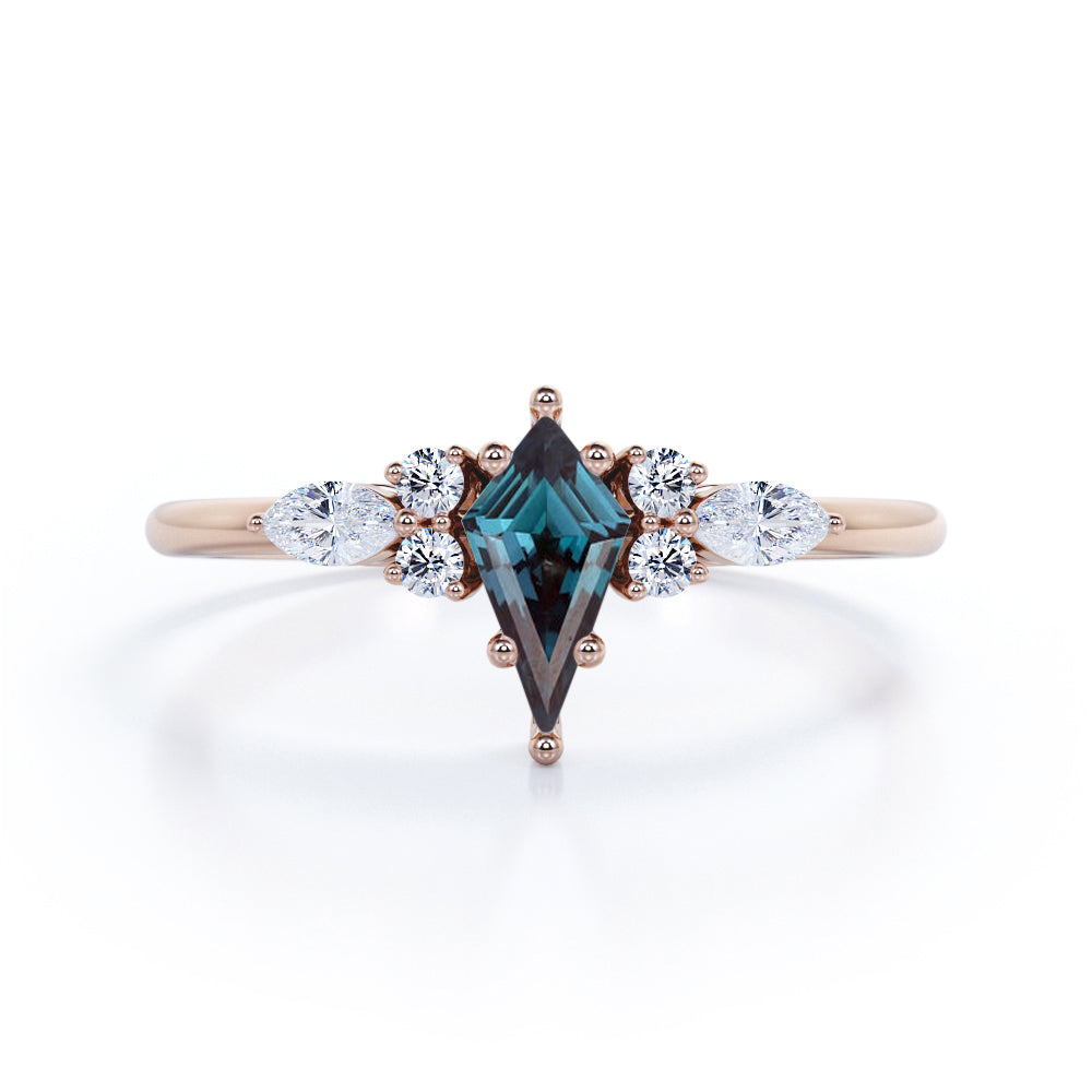 Modern Six Prong Set 1 Carat Kite Shaped Lab Created Alexandrite And Diamond Seven Stone Engagement Ring For Women In White Gold