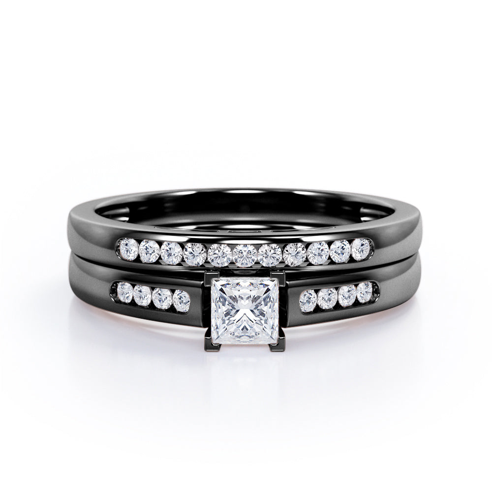 Minimalist 4-Prong Cathedral 0.5 TCW Princess Cut Diamond Flush Pave Bridal Ring Set in 10K White Gold