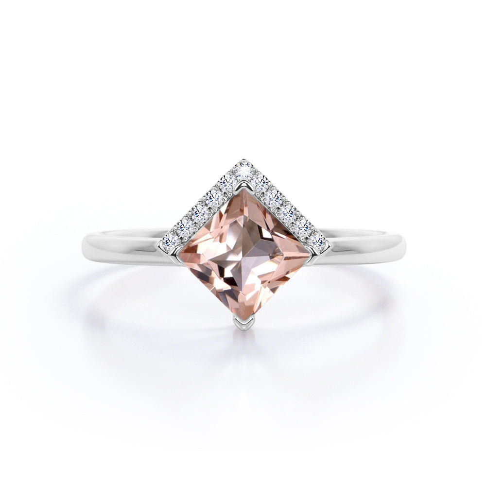 1.25 Carat Princess Cut Halo Morganite and Diamond Engagement Ring in 10k Rose Gold for Women