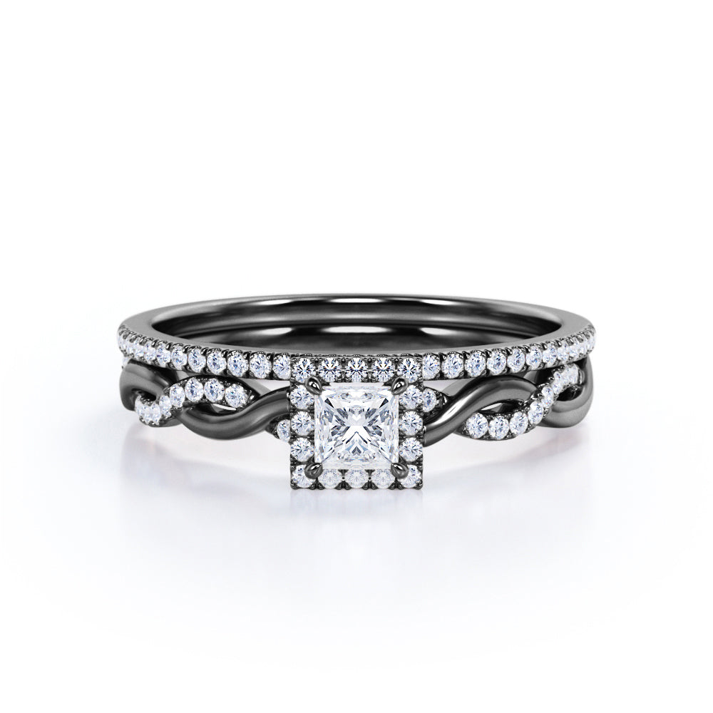 Twisted Pave 0.75 Carat TDW Princess Cut Diamond Halo Infinity Bridal Set In White Gold