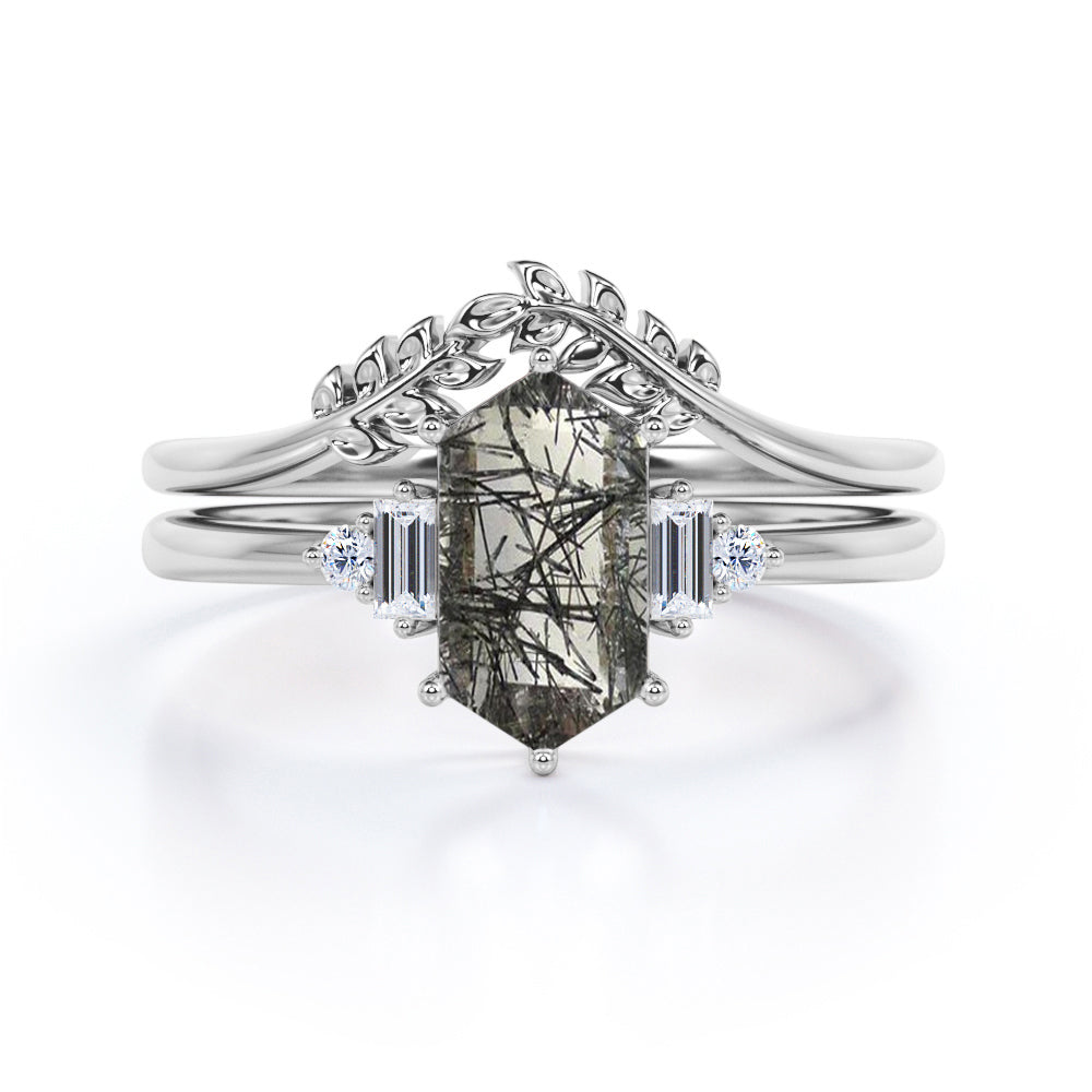 Floral 1.15 ct Hexagon Black Rutilated Quartz Five Stone Bridal Set