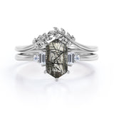 Floral 1.15 ct Hexagon Black Rutilated Quartz Five Stone Bridal Set