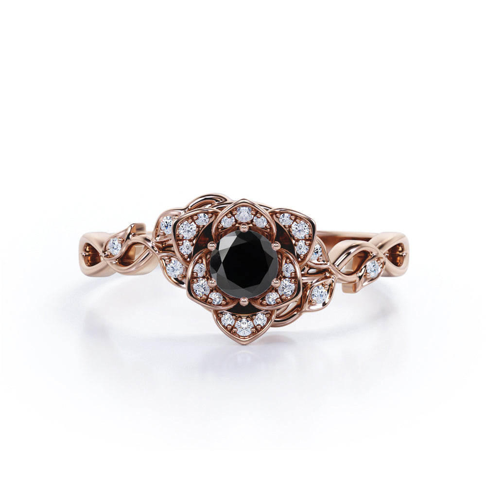 Unique 0.75 Carat Round cut Lab Black Diamond Rose Cluster Engagement Ring in White Gold for Her