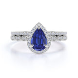 Elegant Art Deco Pave Set 2 Carat Pear Cut Sapphire and Diamond Wedding Ring Set in White Gold