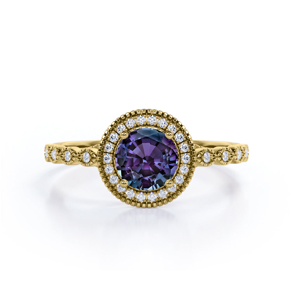 Beaded Vintage 1.40 Carat Round Cut Lab Created Alexandrite And Diamond Halo Engagement Ring In White Gold
