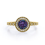 Beaded Vintage 1.40 Carat Round Cut Lab Created Alexandrite And Diamond Halo Engagement Ring In White Gold