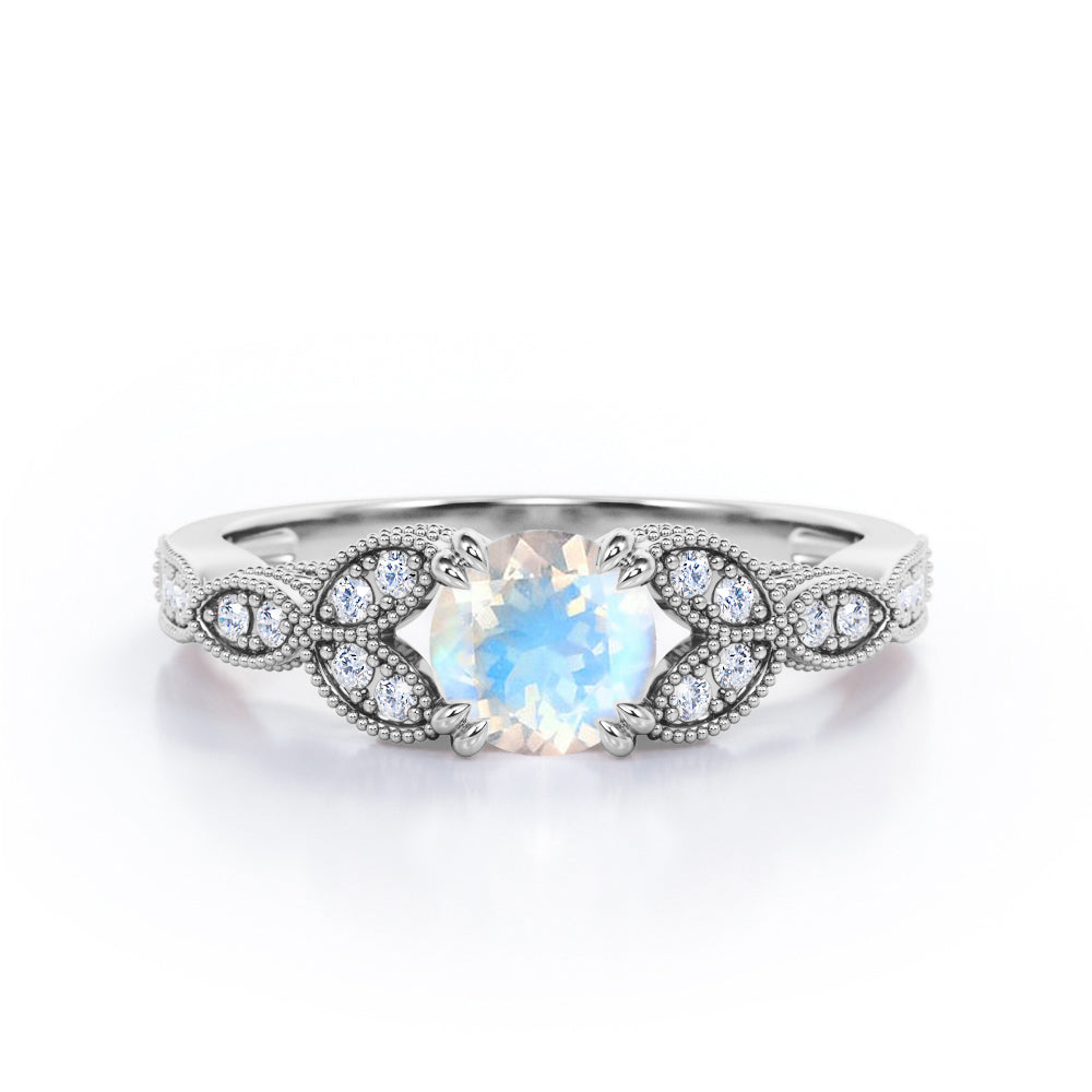 Sharp Eight Claws 1.35 Carat Round Cut Moonstone And Diamond Beaded Art Deco Engagement Ring In Rose Gold