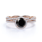 Antique Vintage 2 Carat Lab Black Diamond Halo Wedding Ring Set for Women in White Gold