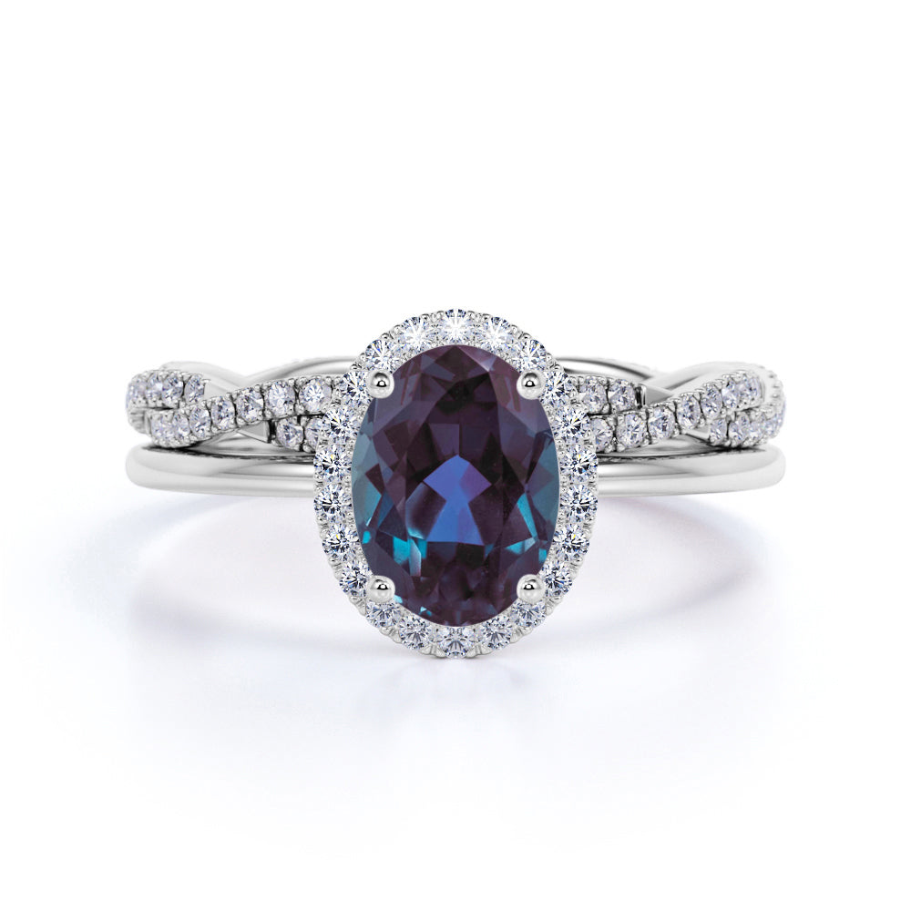 Infinity Under Halo 1.75 Carat Oval Cut Lab Alexandrite and Diamond Eternity Bridal Set Rings