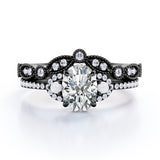 Unique 1.25 carat Oval Moissanite, Pearl and Diamond Vintage Wedding Ring Set in White Gold