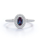 Classic Double Halo 1.50 Carat Oval Cut Simulated Blue Alexandrite and Diamond Semi Eternity Pave Engagement Ring in White Gold