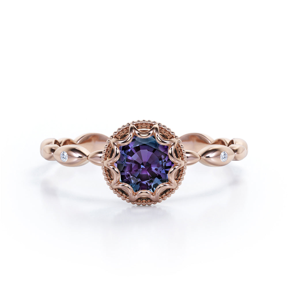 Beaded Halo 1.05 Carat Round Cut Lab Created  Alexandrite And Diamond Trilogy Engagement Ring In White Gold.