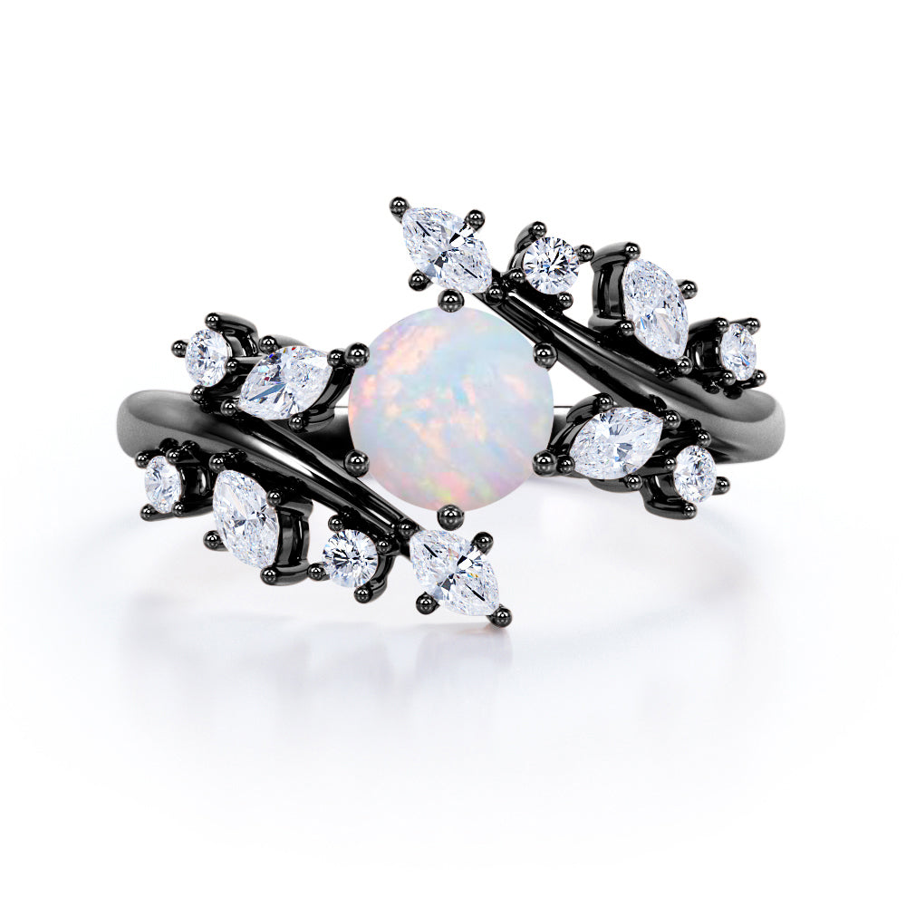 Leaf Design 0.75 Carat Round Cut Ethiopian Opal And Diamond Nature Inspired Art Deco Engagement Ring In White Gold