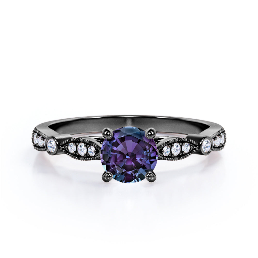 Vintage 1.25 Carat Round Cut Lab Created Alexandrite And Diamond Four Prong  Engagement Ring In White Gold