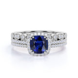 2 Ct Cushion Cut Lab Sapphire Art Deco Trio Set