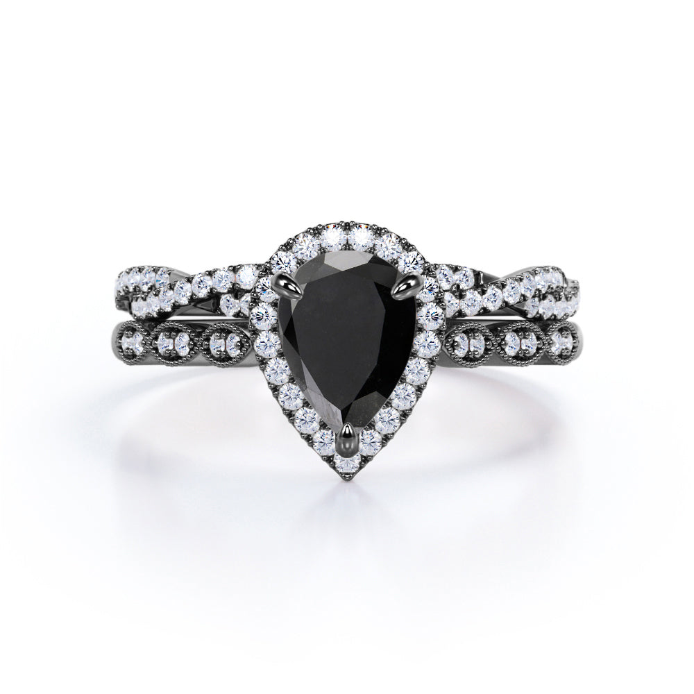 1.25 ct Pear Lab Black Diamond Art Deco Wedding Ring Set