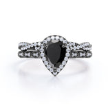 1.25 ct Pear Lab Black Diamond Art Deco Wedding Ring Set