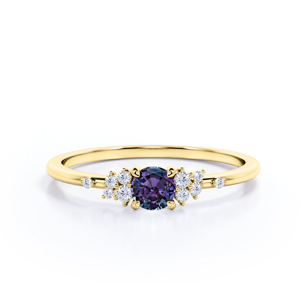 Unique Four Claws 1.15 Carat Round Cut Lab Created Alexandrite And Diamond Eleven Stone Engagement Ring In White Gold