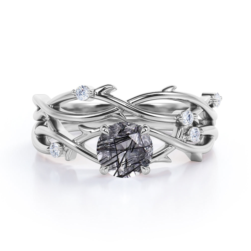 Twisted Leaf 1.15 ct Round Black Rutilated Quartz Infinity Bridal Set