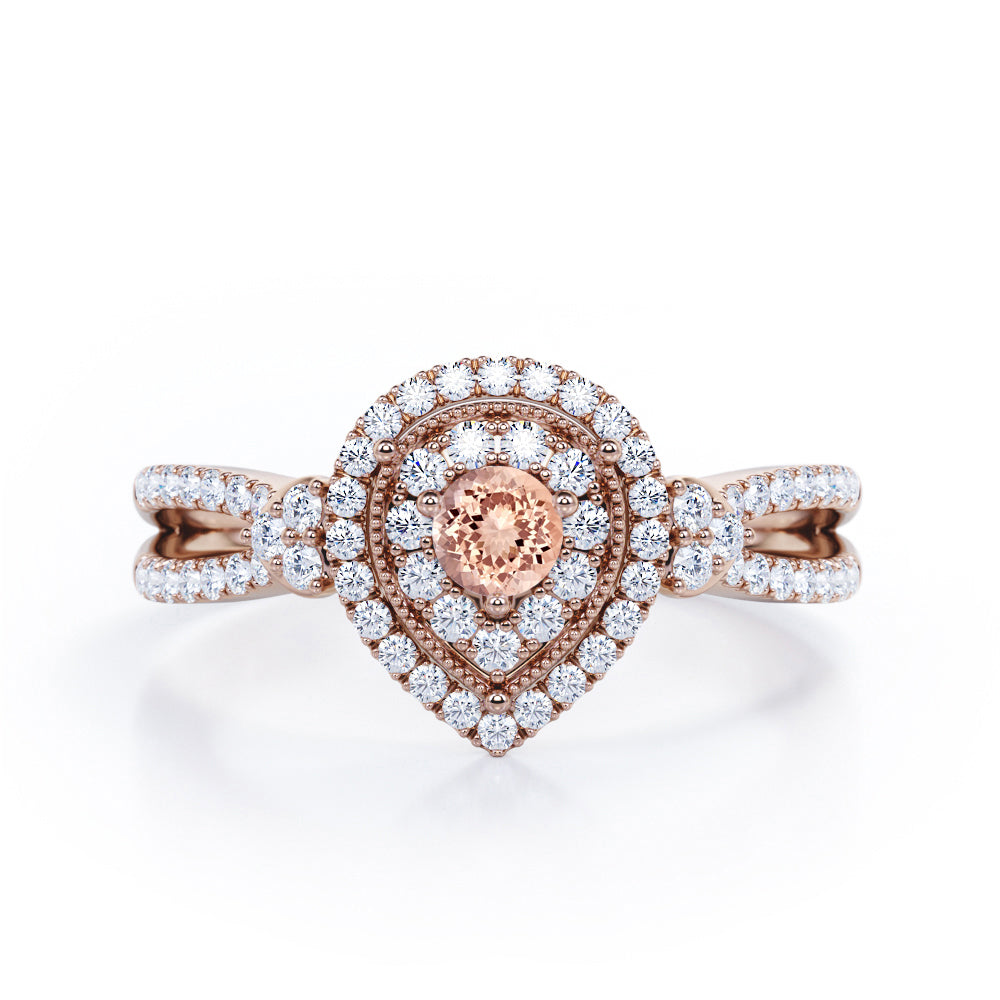 Pear-Shaped Double Halo - 1.7 Carat Round Cut Morganite and diamond - Pave Split Shank Engagement Ring in White Gold
