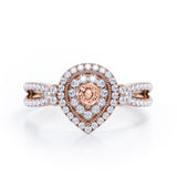 Pear-Shaped Double Halo - 1.7 Carat Round Cut Morganite and diamond - Pave Split Shank Engagement Ring in White Gold