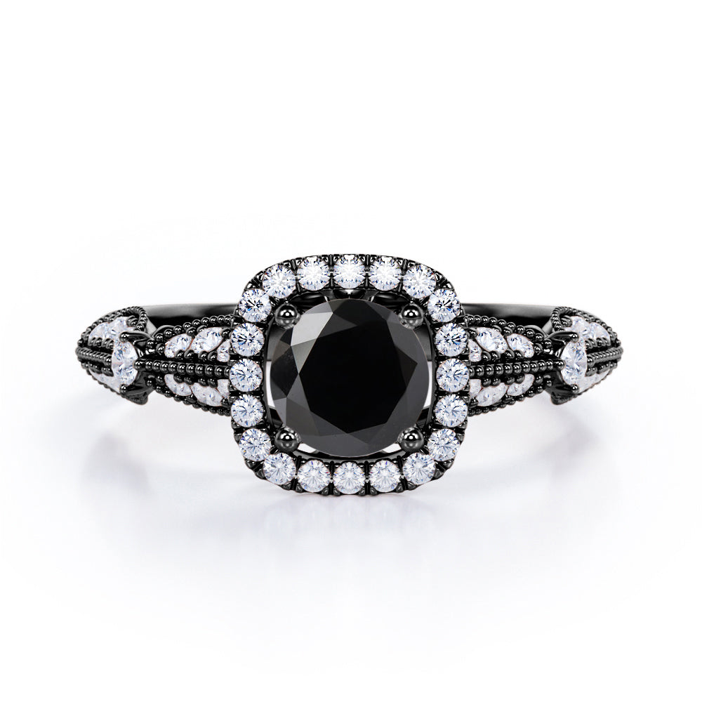 Vintage Milgrain 1.35 Carat Round Cut Black Diamond Halo Engagement Ring In Rose Gold