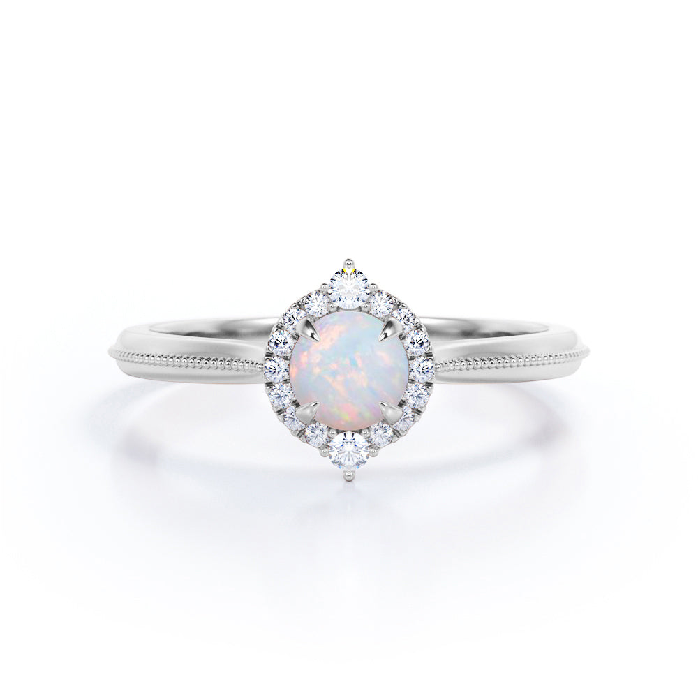 Vintage Beaded 1.15 Carat Round Cut White Fiery Opal And Diamond Halo Engagement Ring In Rose Gold