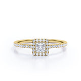 Pave 1 Carat Princess Cut Moissanite Halo Engagement Ring