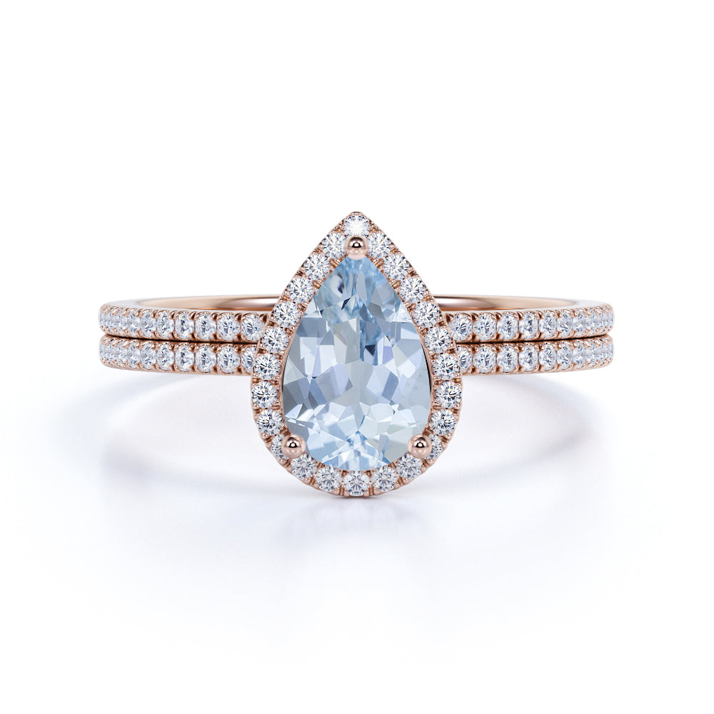 Bestselling 1.75 Carat pear cut Aquamarine and Diamond Wedding Ring Set in White Gold