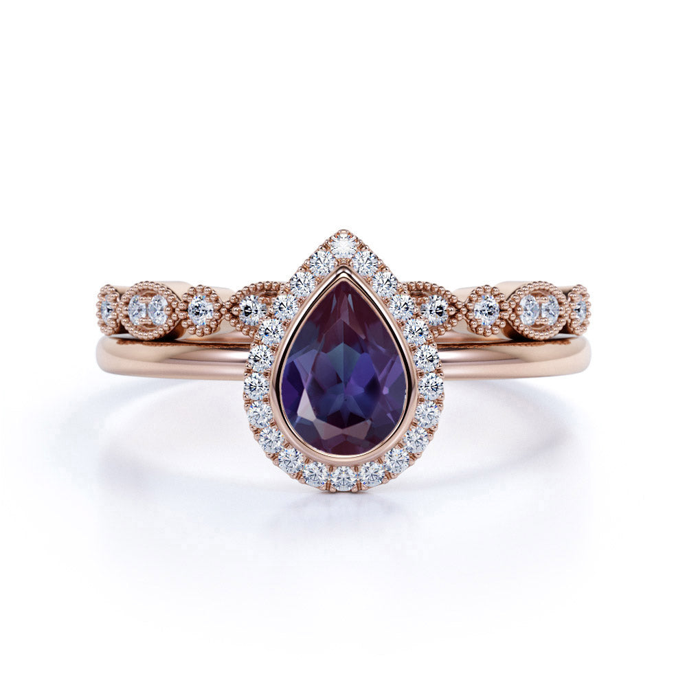 Classic 1.50 Carat Pear Shape Lab Created Alexandrite and Diamond Halo Art Deco Bridal Set Rings
