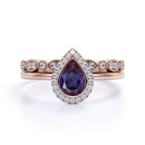 Classic 1.50 Carat Pear Shape Lab Created Alexandrite and Diamond Halo Art Deco Bridal Set Rings