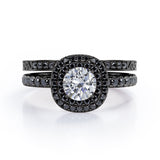 Cushion Double Halo 1.75 TCW Round Brilliant Cut Moissanite with Lab Created Black Diamond Bridal Set with Pave Accents in Black Gold