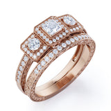 1.25 Carat Princess Cut Moissanite And Diamond Three Stone Trilogy Wedding Ring Set In White Gold