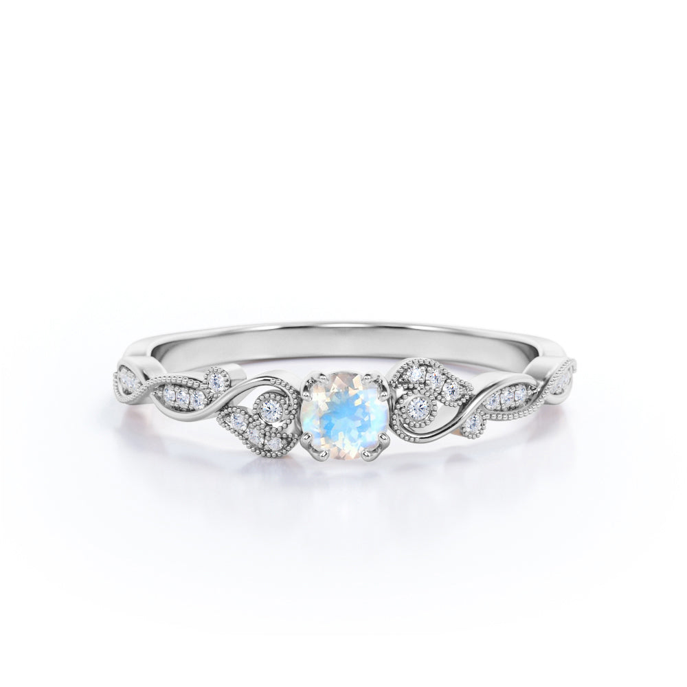 1.10 Carat Round Cut Rainbow Moonstone Ring with Authentic Diamond in White Gold - Lovely Dainty Engagement Ring