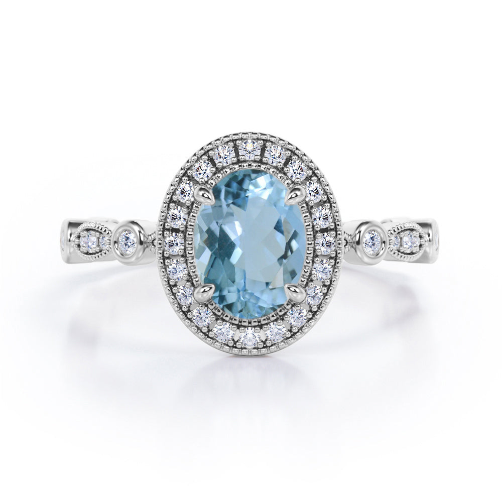 Vintage Halo 1.35 Carat Oval Cut Aquamarine And Diamond Art Deco Engagement Ring In Rose Gold