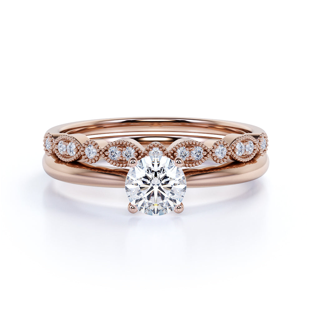 Artdeco 1.25 Carat Round cut Moissanite and Diamond Wedding Bridal Ring Set in 10k White Gold