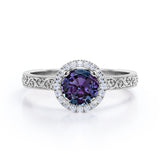 Art Deco 1.25 Carat Round Cut Lab Created Alexandrite And Diamond Halo Engagement Ring In White Gold