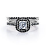 Filigree Scalloped Pave 1.65 TCW Princess Cut Moissanite with Lab Created Black Diamond Double Halo Style Wedding Ring Set in White Gold